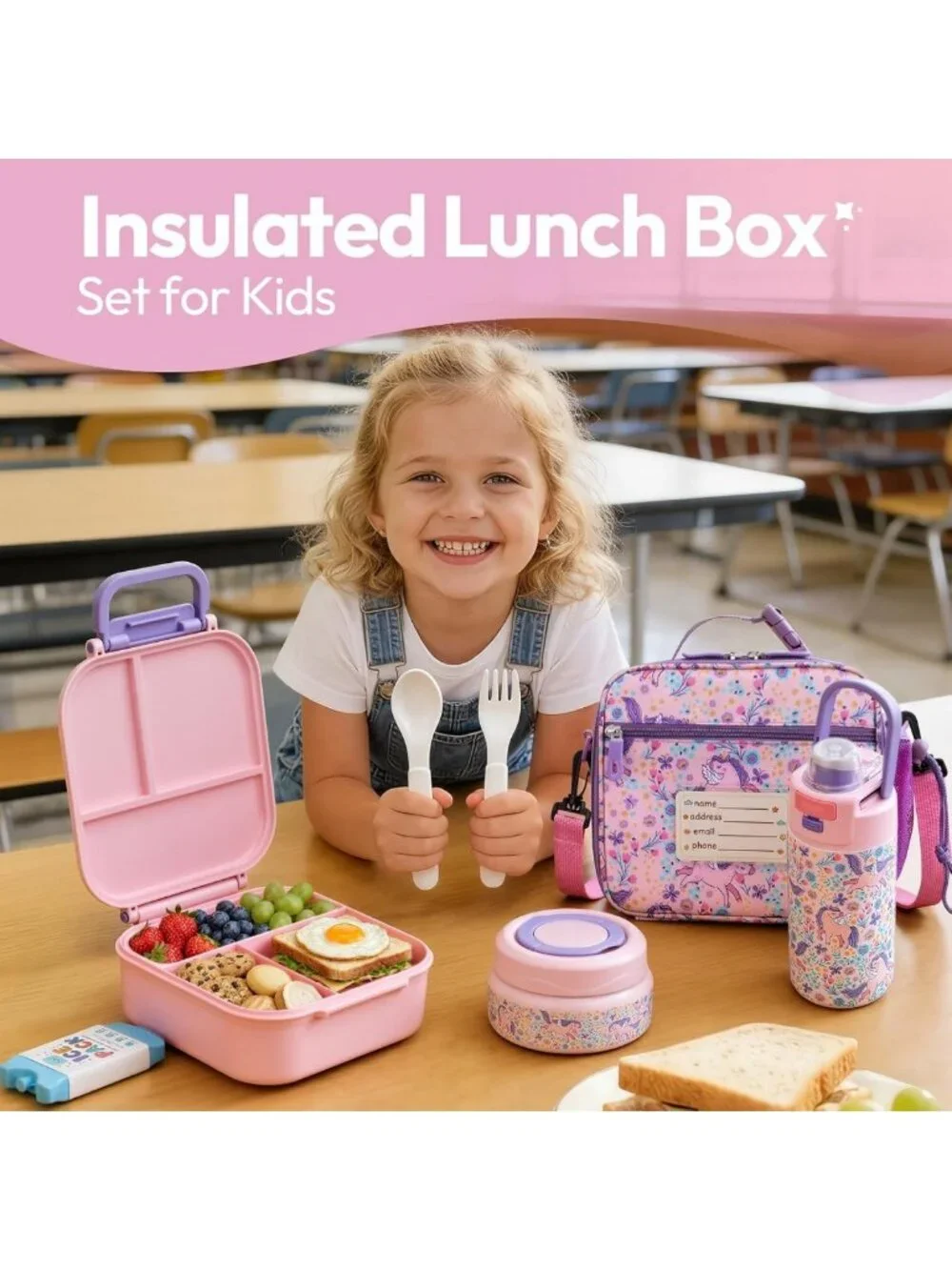 Insulated Kids Bento Lunch Box Set with Thermos, Water Bottle & Utensils - Pink
